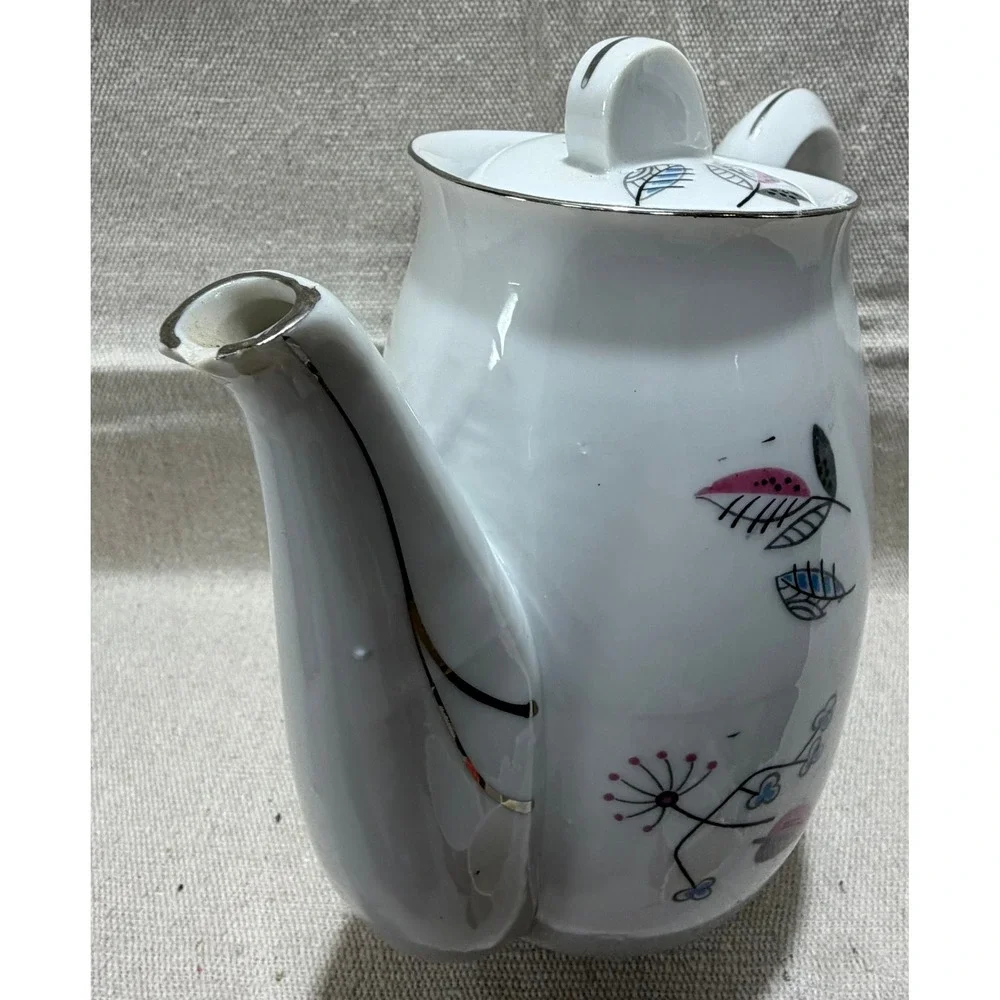 Royal Grace Japan Fine China Teapot 1950s MCM Atomic Botanical Pink Blue White